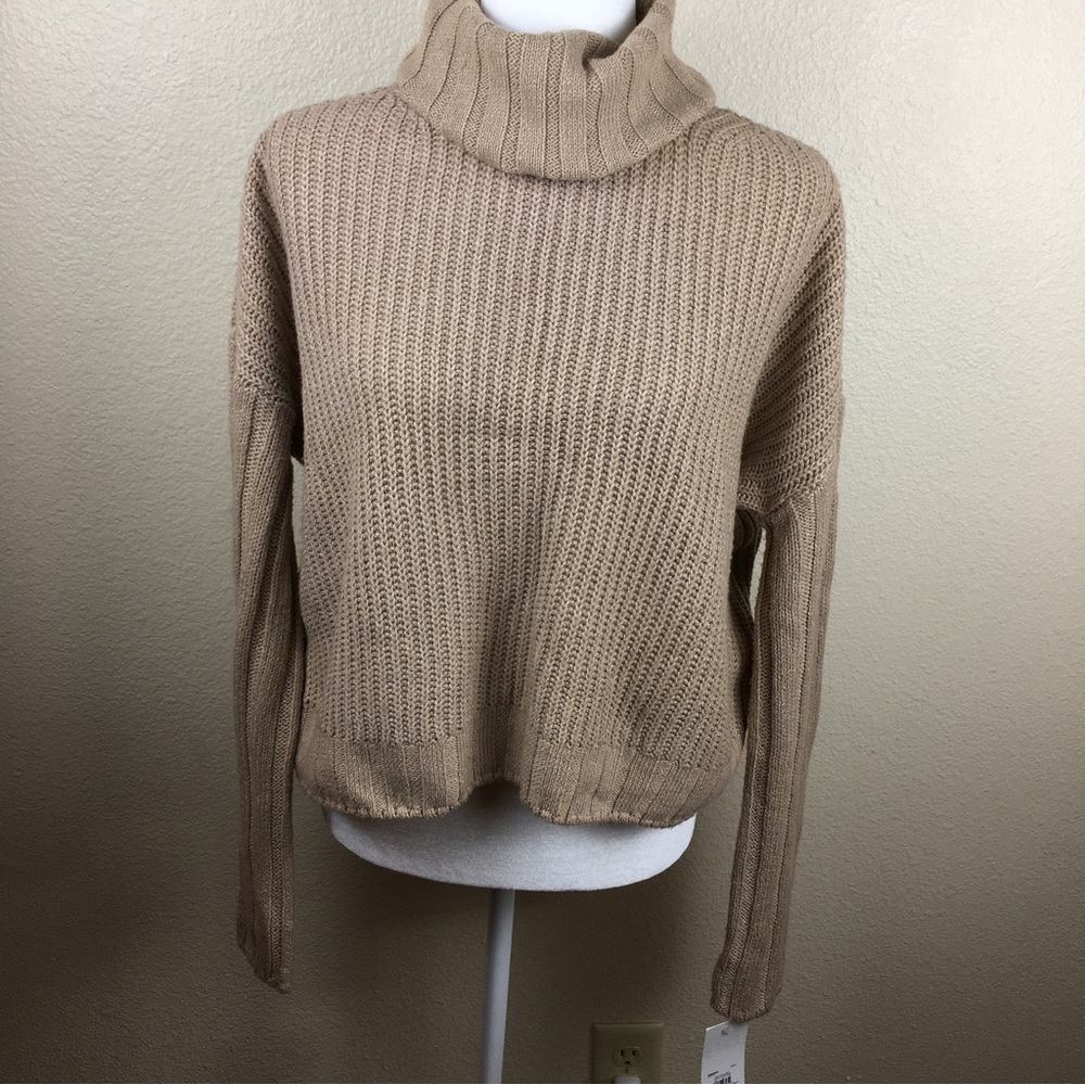 SO Women's New Mocha Cropped Flared Long Sleeve Turtleneck Sweater SZ L